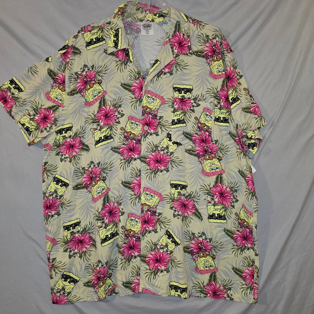 SpongeBob SquarePants Button Down XXL Mens Tan Tropical Hibiscus Aloha Shirt